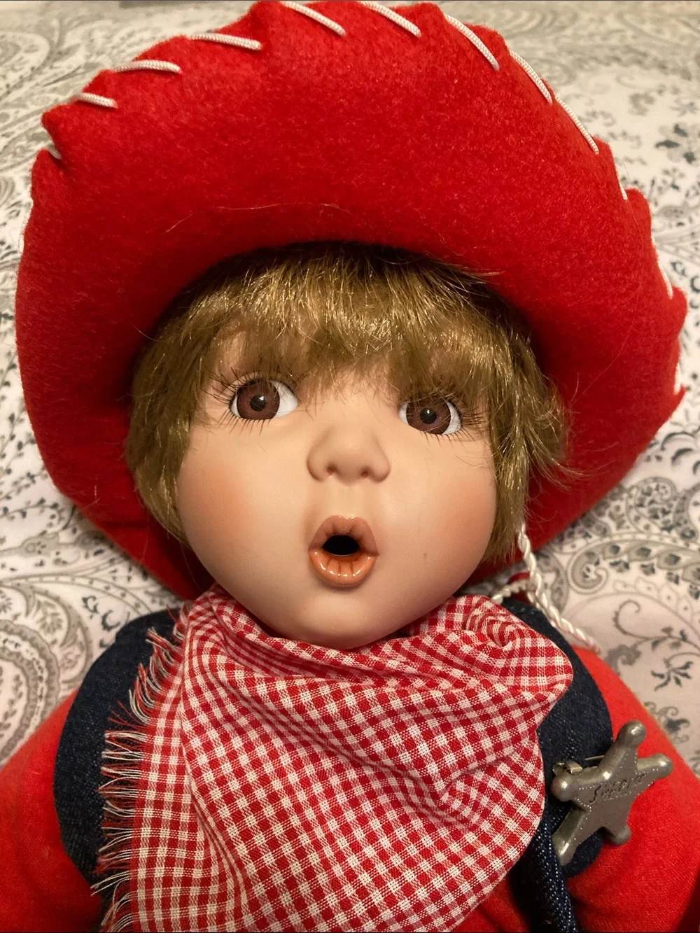 Kay McKee Red Cowboy porcelain Doll with Denim Overalls and Bandana -